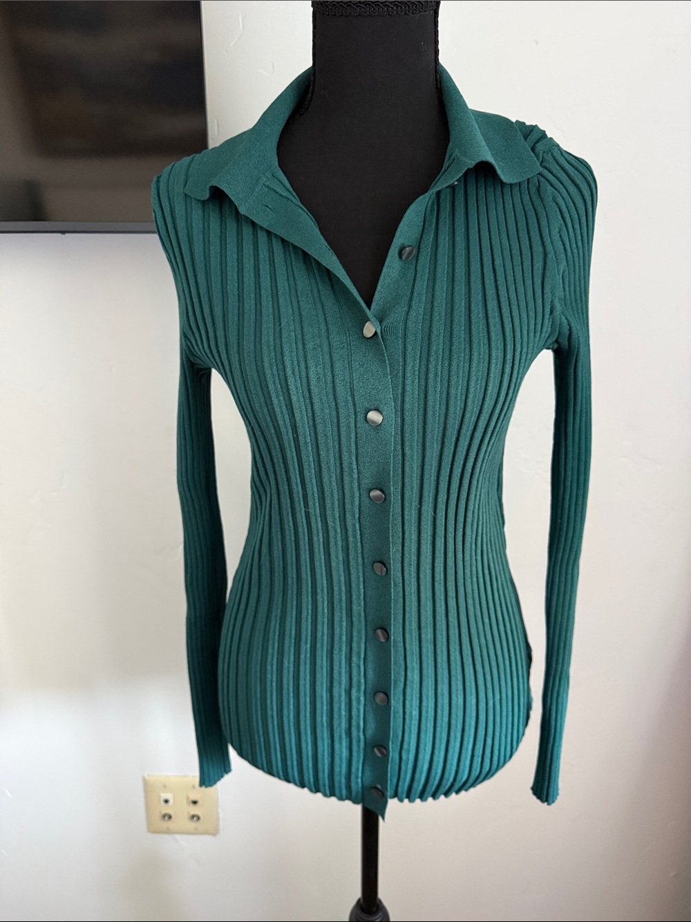 Vince Teal Ribbed Button-Front Collared Cardigan